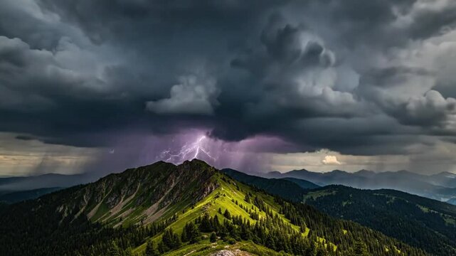 Epic thunderstorm strikes mountain peak with lightning bolts illuminating dark clouds and lush green landscape