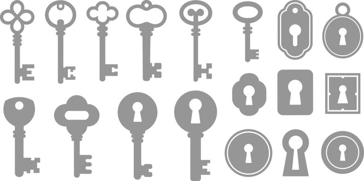 PrintCollection of vintage keys and keyholes silhouettes with ornate designs, antique lock patterns, decorative craftsmanship artwork, traditional security concept illustration for design and branding