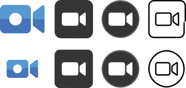 Video call logo icon set, FaceTime logo icon, camera icon for communication, social media and messaging app buttons. Flat, 3D and outline style video conferencing icons in circle and square 