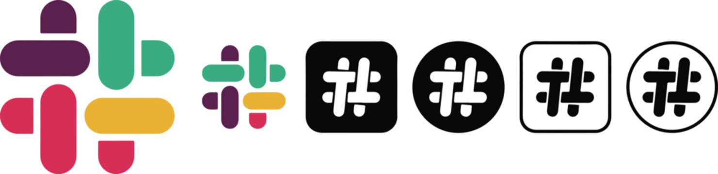 Slack logo icon set. Messaging and communication app icons, collaboration software branding logos. Flat, outline, circle and square buttons in colorful and black styles for website and app.