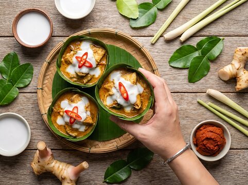 Hand holding a traditional Thai steamed fish curry Hor Mok Pla served in banana leaf cups with fresh ingredients on a wooden table.