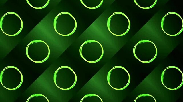 Green circle patterns pulse with wave energy across a dark background in a geometric grid layout.