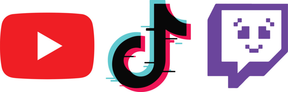 Youtube logo, TikTok logo and Twitch logo icon set. Social media and communication icons set. Popular video streaming and social networking buttons. Digital platform icons for creators.
