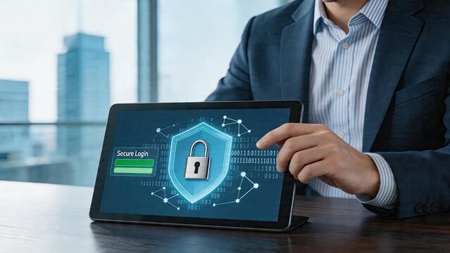 Businessman tapping digital tablet screen securing data protection with shield and lock icon against cyber threats technology concept for information security system software