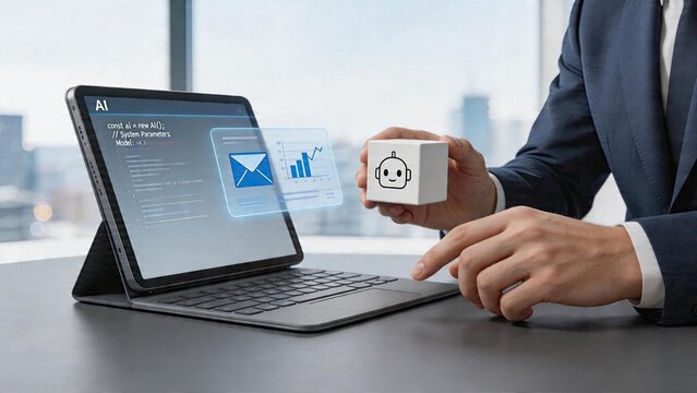 Businessman holding cube with artificial intelligence robot face holographic interface showing email and data analytics on tablet screen technology innovation concept for modern