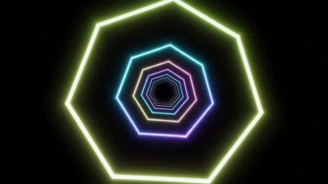 Abstract futuristic neon tunnel with octagonal shapes in different glowing colors, geometric background