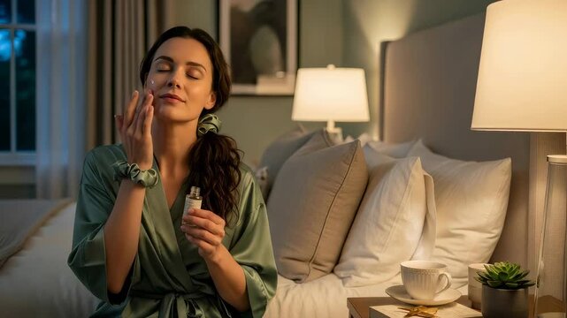 Woman applying face serum in bedroom at night. Girl pampering skin with beauty product before sleep. Morning or evening skincare routine, self care life concept.