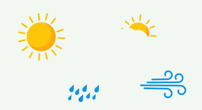 Collection of various weather condition icons including sun, clouds, rain, and wind on a bright studio background.