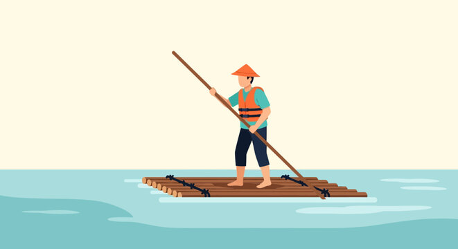 Illustration of a person fishing on a bamboo raft in calm water