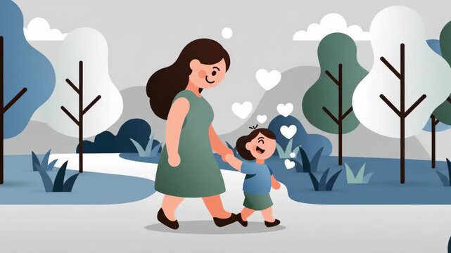 Mother and child walking together in a park animated vector illustration