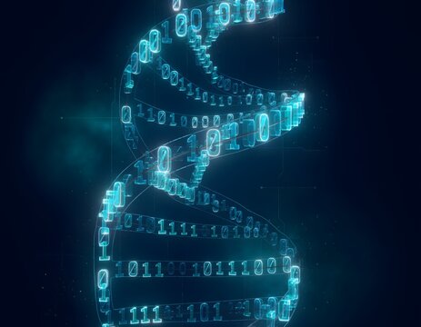 Digital DNA Double Helix Composed of Glowing Blue Binary Digits One and Zero Featuring Futuristic Biological Computing Concept and Cybernetic Genetic Sequence Isolated