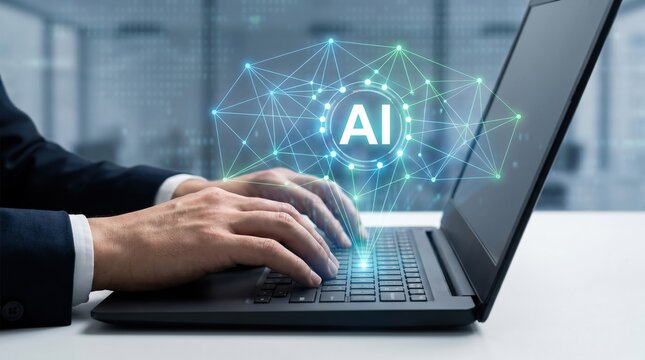 Male engineer hands compiling natural language processing AI algorithm hologram using laptop
