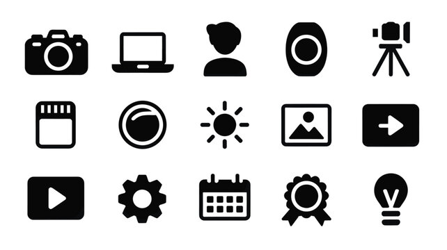 Set of 15 Black Photography and Media Related Icons Vector