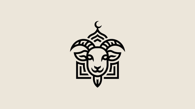 Minimalist ram head with crescent moon and ornate design vector illustration