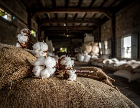 Close up of raw cotton bolls and textured burlap sacks inside a historical coastal plantation outbuilding storage.