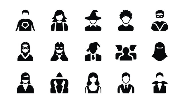 Set of 15 Black and White Avatar People Icons Vector