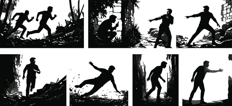 Cinematic action silhouettes sequence with running hiding pointing falling and searching scenes in urban ruins storytelling illustration set