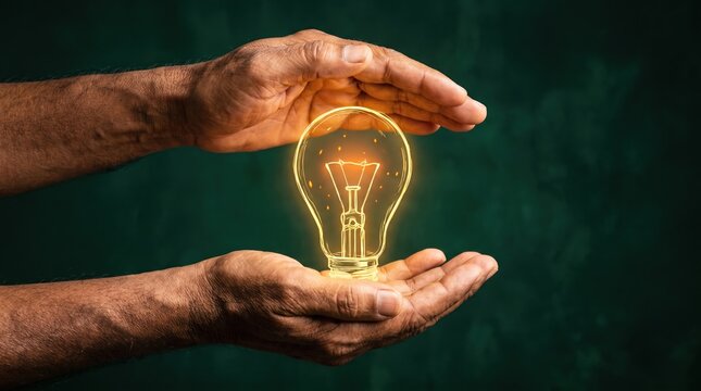 Male hands protecting glowing digital wireframe lightbulb symbolizing renewable energy cooperative
