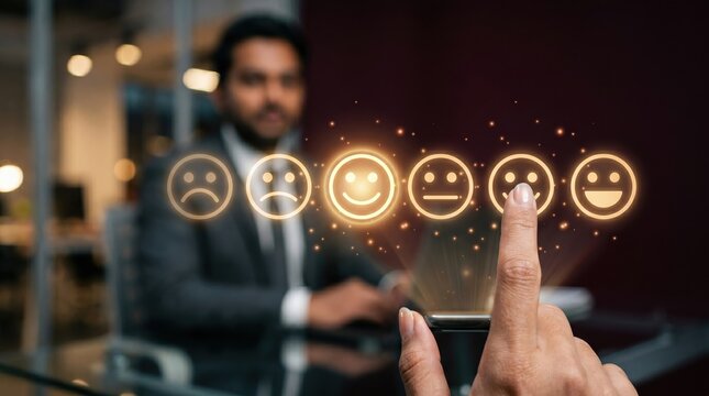 Finger pressing glowing positive smiley emoji on virtual B2B client sentiment analysis interface