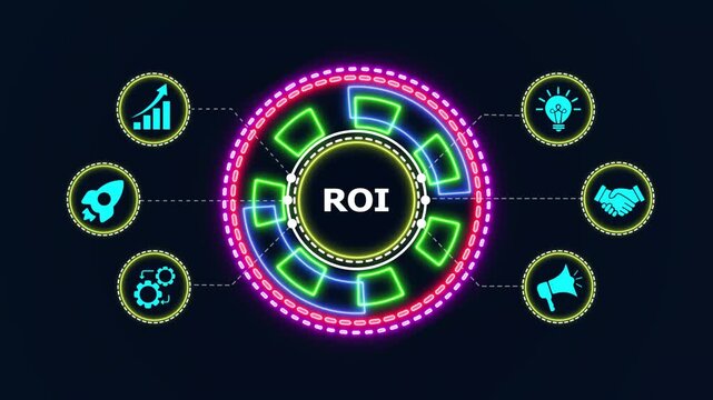 Neon roi text interface with animated business marketing icons on dark background digital motion graphic.