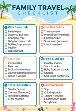 Family Travel Checklist Template with Kids Packing Essentials Baby Items and Holiday Vacation Trip Planner Printable Vector Design
