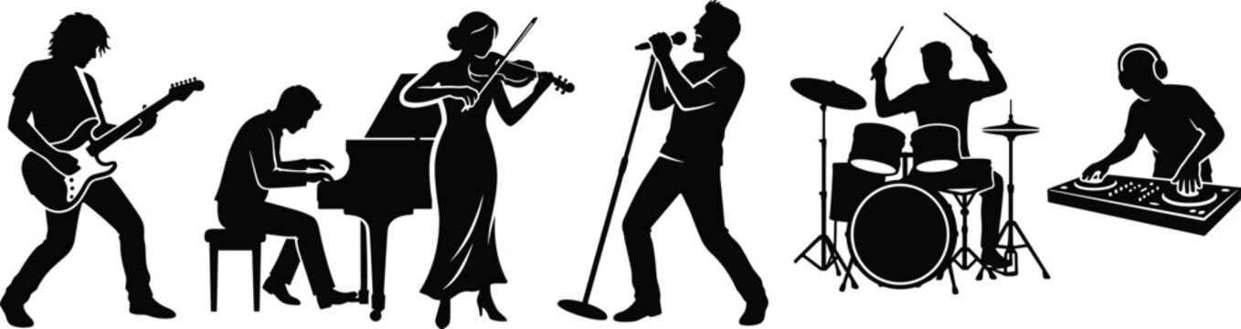 Musicians silhouettes set with guitar piano violin singer drummer and dj performing live music band entertainment concept