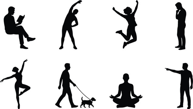 People silhouettes collection showing daily activities yoga dancing reading walking dog thinking and lifestyle human poses set