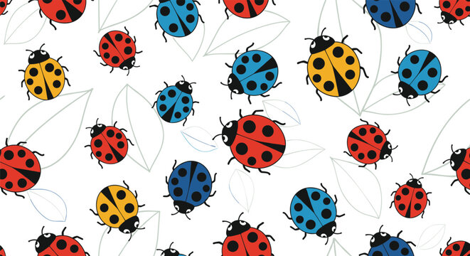 Seamless pattern with cheerful red yellow and blue ladybugs crawling over white leaves on a white background for kids.
