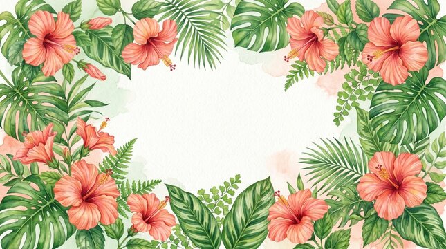 Tropical floral frame with lush green leaves and hibiscus flowers