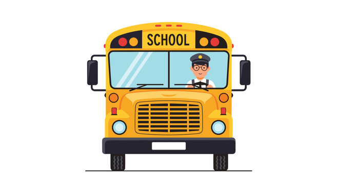 Front view of a classic yellow school bus with a friendly driver behind the wheel, isolated on a white background for educational transport.
