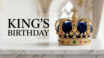 King's Birthday celebration concept, ornate golden royal crown with jewels on marble table, majestic monarchy symbol in bright palace interior