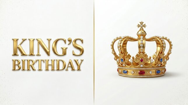 King's Birthday greeting card, golden royal crown with jewels on white background, elegant monarch celebration banner with gold typography