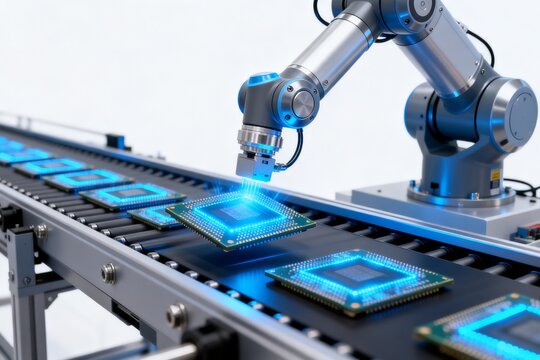 Robot arm handling microchips on conveyor