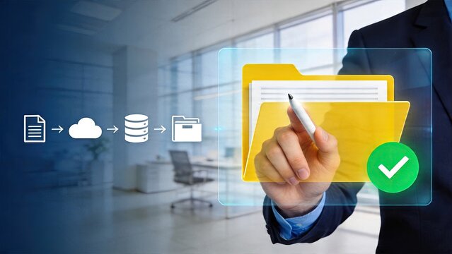 Businessman selecting digital cloud storage data file folder in modern office technology concept with holographic interface