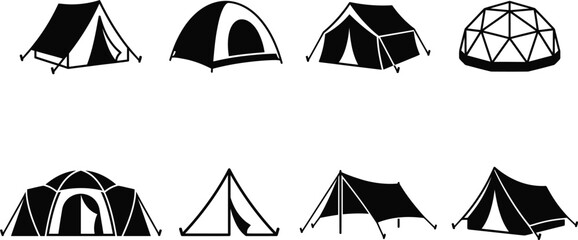 Assorted camping tent in black and white silhouette style for outdoor adventure travel © Rakibul