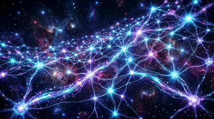 Obraz premium Cosmic network connections in space with glowing blue and purple lines and stars