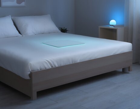 Minimalist bedroom interior featuring a glowing smart sleep tracking mat under the bed sheets for wireless overnight health monitoring