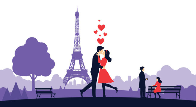 Romantic couple silhouettes share a passionate kiss in front of the Eiffel Tower with red hearts floating in the sky.
