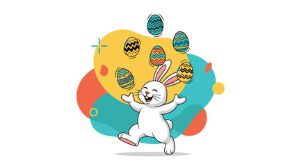 Naklejka premium Energetic white Easter bunny juggles several brightly decorated eggs in front of colorful abstract background shapes.