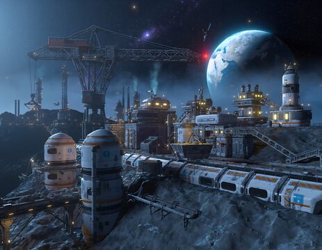 Futuristic three dimensional render of a space economy mining base constructed on a rocky asteroid glowing with bright industrial lights and technological machinery