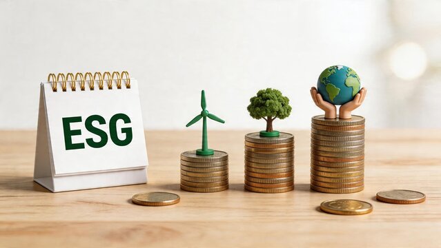ESG calendar with wind turbine model green tree growing from coins and hands holding globe stack of currency representing sustainable finance social responsibility growth