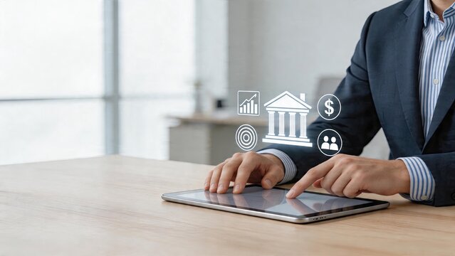 Businessman using tablet analyzing data charts on screen digital banking interface hologram display financial growth graph overlay secure transaction icon symbol money management