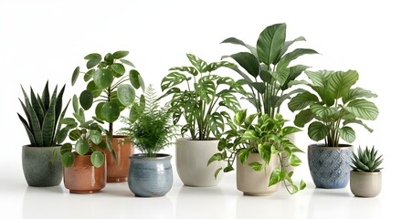 Fototapeta premium Collection of beautiful plants in ceramic pots isolated on transparent background. 3D render. 