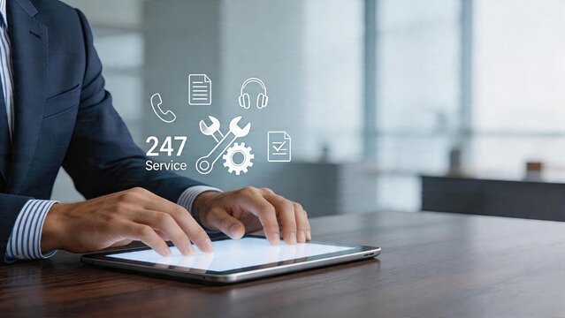 Businessman typing on tablet with 247 support service icons overlay technical support concept customer care help desk maintenance repair gear tools digital communication modern