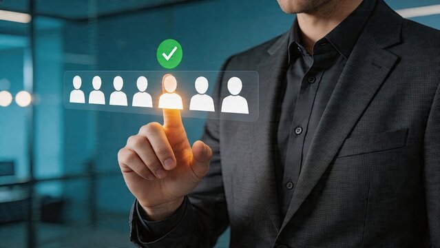 Businessman selecting a candidate from digital user interface futuristic human resource management concept choosing a qualified person for employment or team building with