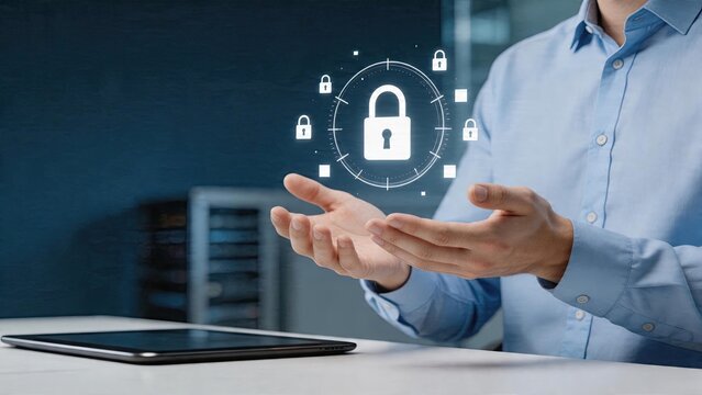 Businessman holding digital security lock concept information protection privacy data control cybersecurity shield symbol internet safety measures virtual padlock interface