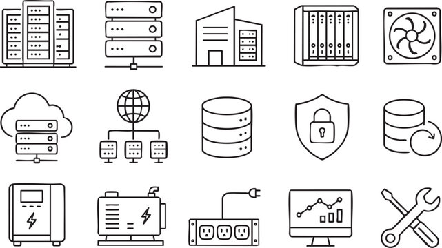 Data centre icons set. Outline set of data centre vector icons for web design