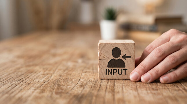 Input block hand wooden table network federated learning ai concept