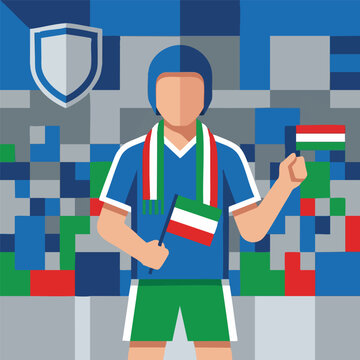 Football Fan Holding Italian and Hungarian Flags in a Stadium Setting