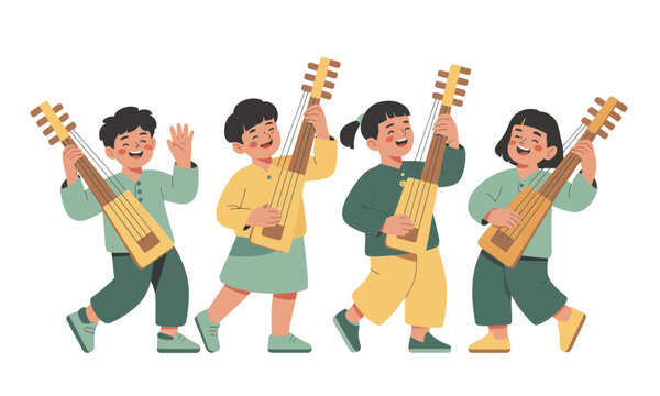 Happy children playing traditional Sarawak sape lute illustration